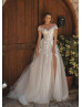 Short Sleeves Beaded Ivory Lace Tulle Slit Floral Wedding Dress